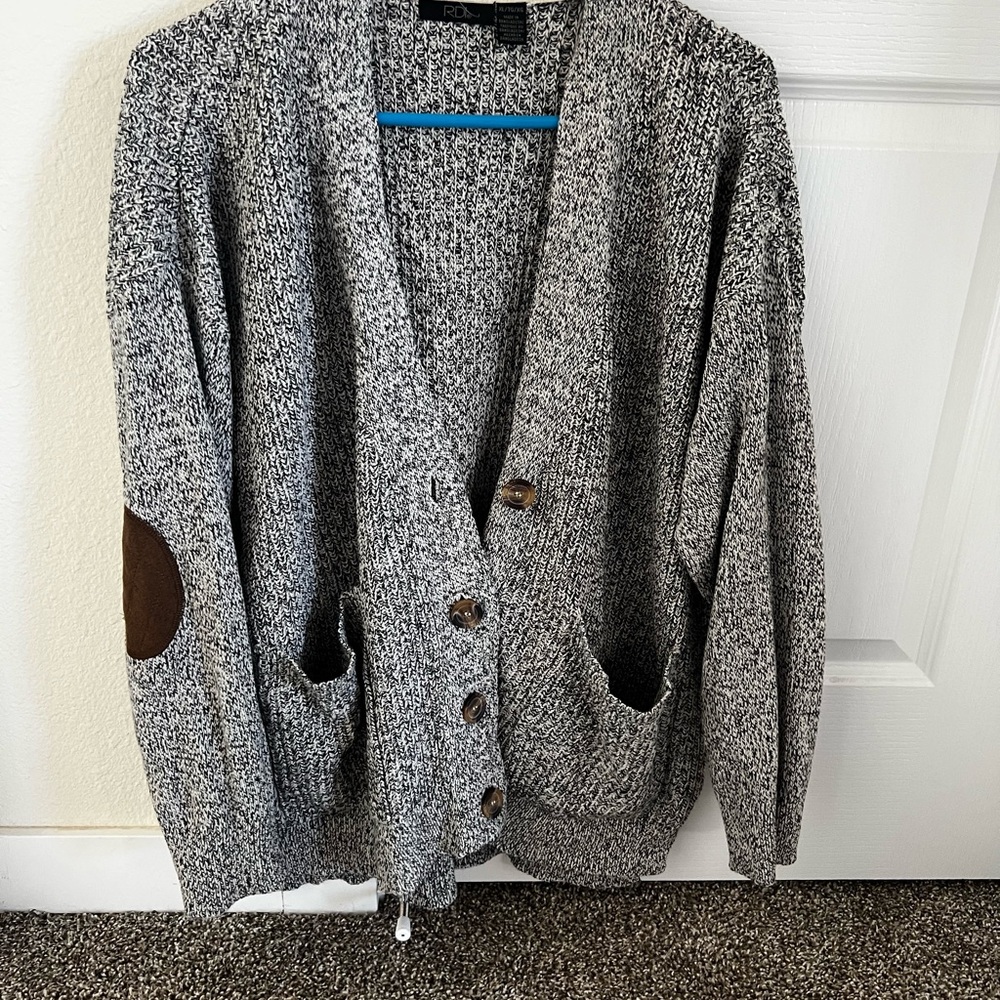 RDI Gray Cardigan with Brown Elbow Patches